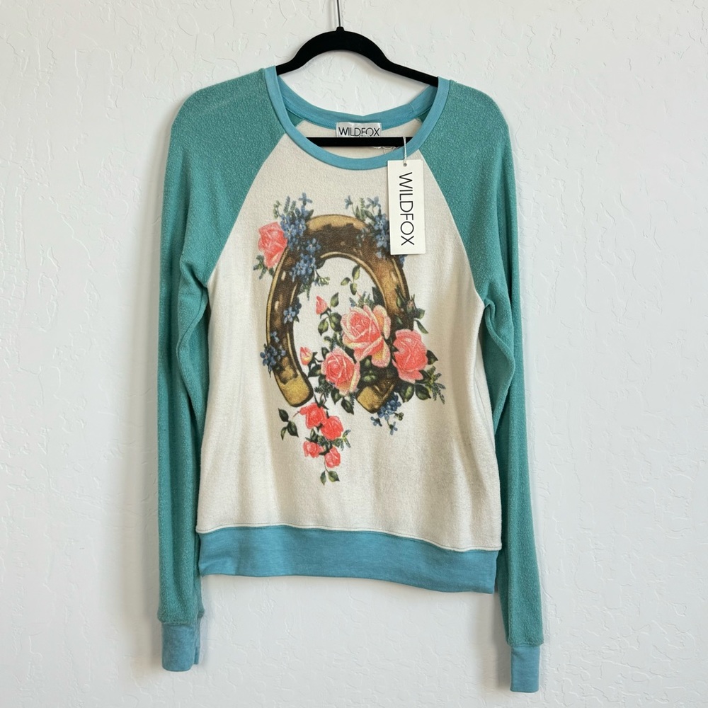 NWT Wildfox Horseshoe Floral Teal and Cream Crewneck Sweater